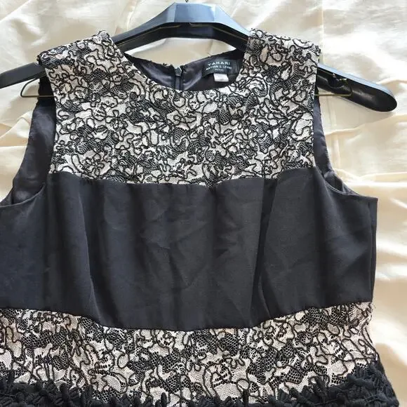 Tahari L32016 Women's Black Lace Zipper Stripe Fit Flare Cocktail Dress Size 10P - Picture 9 of 10